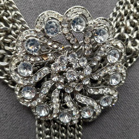 Formal Rhinestone Floral Pendant Necklace, Layered Silver Tone Chain, 16 Inches - Picture 3 of 9